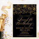 sweet 16 birthday gold rose floral black invitation