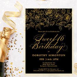 Small Sweet 16 Birthday Gold Rose Floral Black Invitation Front View