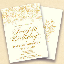 Small Sweet 16 Birthday Gold Rose Floral Ivory White Invitation Front View