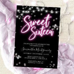 Small Sweet 16 Birthday Hot Pink Neon Themed Party Invitation Front View