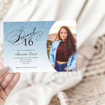 sweet 16 birthday light blue glitter glam photo invitation
