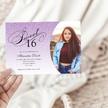 sweet 16 birthday light purple glitter glam photo invitation