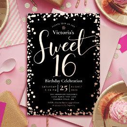 Small Sweet 16 Birthday Modern Glam Black Real Rose Gold Foil Invitation Front View
