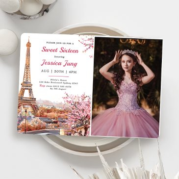 sweet 16 birthday pink floral paris eiffel photo invitation