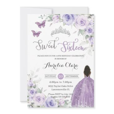sweet 16 birthday purple floral brown princess invitation