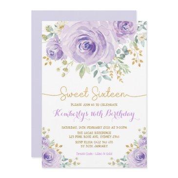 sweet 16 birthday purple gold floral sweet sixteen invitation