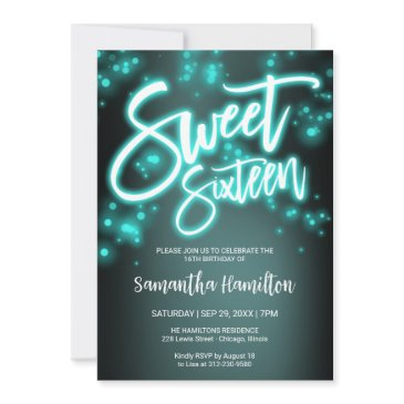 sweet 16 birthday teal neon glow dark party invitation