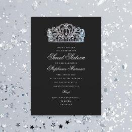 Small Sweet 16 Black Princess Crown Milestone Birthday Invitation Front View