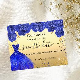 Small Sweet 16 Blue Gold Dress Budget Save The Date Front View