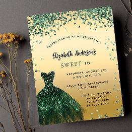 Small Sweet 16 Emerald Green Dress Elegant Party Invitation Front View