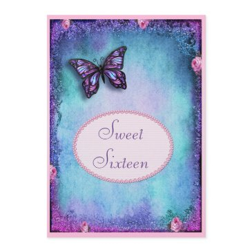 sweet 16 faux glitter, butterfly, roses & lace invitation