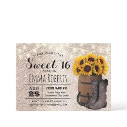 Small Sweet 16 Gold Glitter Sunflower Western Cowgirl Invitation Front View