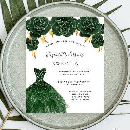 Small Sweet 16 Green Gold Dress Floral Budget Invitation Front View