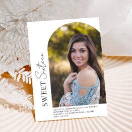 Small Sweet 16 Minimalist Arch Off Center Photo Invitation Front View