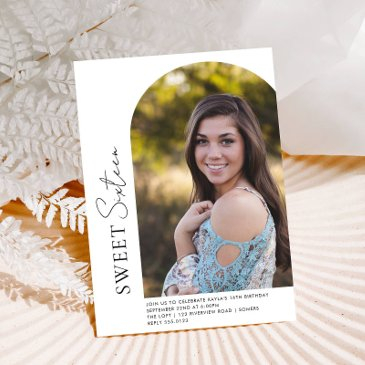sweet 16 minimalist arch off center photo invitation
