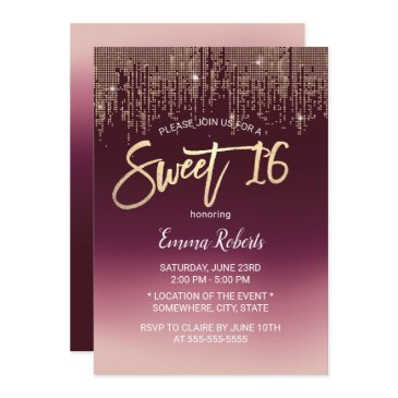 sweet 16 modern burgundy ombre gold sequins invitation