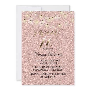 sweet 16 modern rose gold glitter string lights invitation
