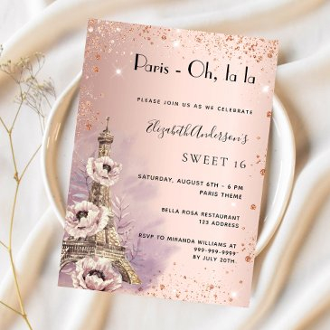 sweet 16 paris rose gold eiffel tower invitation