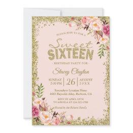 Small Sweet 16 Party - Blush Pink Gold Glitters Floral Invitation Front View