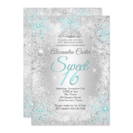 Small Sweet 16 Party Photo Silver Teal Blue Snowflake Invitation Front View