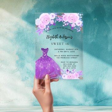 sweet 16 pink purple flowers dress clear acrylic invitations