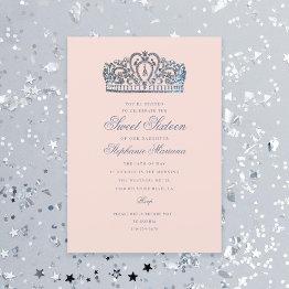 Small Sweet 16 Princess Crown Milestone Birthday Invitation Front View