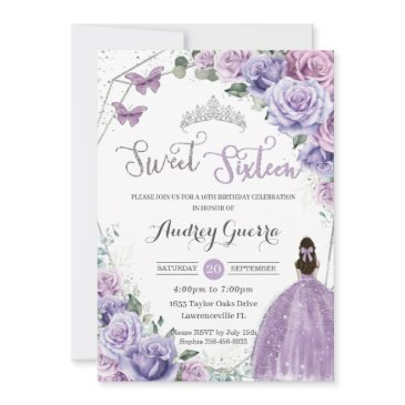sweet 16 purple floral princess silver birthday invitation