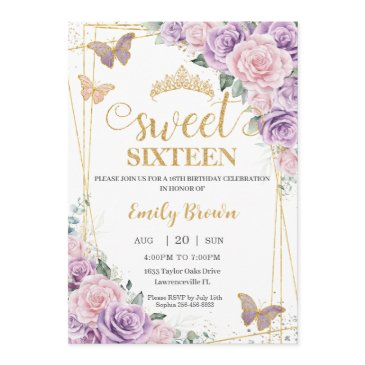 sweet 16 purple lilac pink floral butterflies invitation