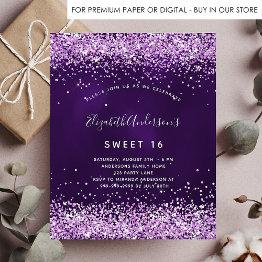 Small Sweet 16 Purple Pink Glitter Budget Invitation Flyer Front View