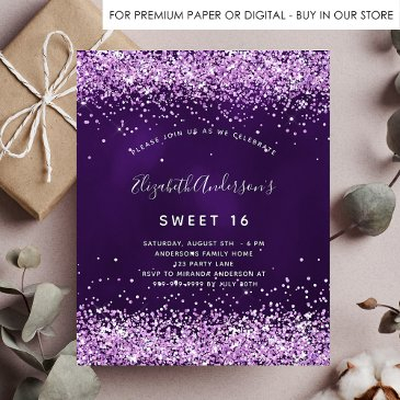 sweet 16 purple pink glitter budget invitation flyer