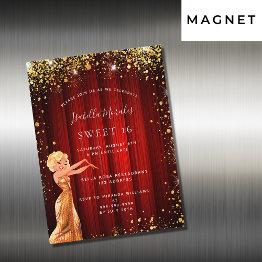 Small Sweet 16 Red Gold Glitter Dress Movie Luxury Magnetic Invitation Front View