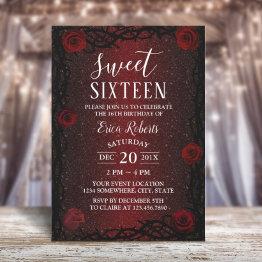 Small Sweet 16 Rose Flower & Thorn Burgundy Red Glitter Invitation Front View