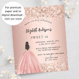 Small Sweet 16 Rose Gold Glitter Dress Budget Invitation Front View