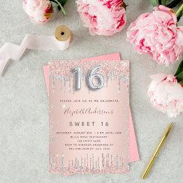 Small Sweet 16 Rose Gold Silver Birthday Invitation Front View