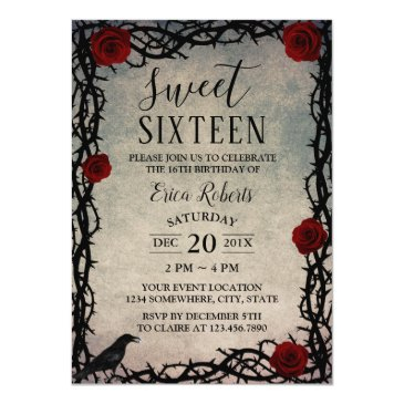 Small Sweet 16 Rose & Thorn Vintage Fairytale Birthday Invitations Front View