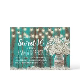 Small Sweet 16 Rustic Babys Breath Floral Jar Teal Barn Invitation Front View