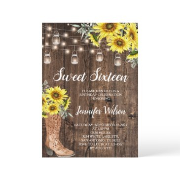 sweet 16 rustic sunflowers string lights invitation