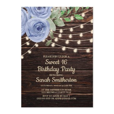 sweet 16 rustic wood string lights blue floral invitation