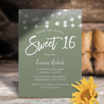 sweet 16 sage green silver glitter birthday invitation