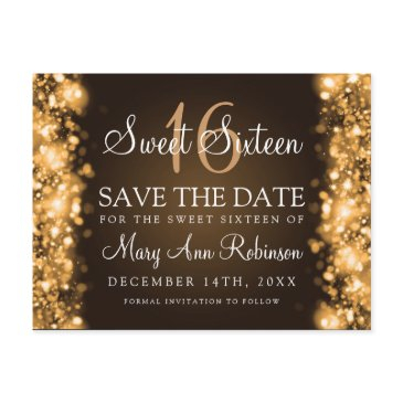 sweet 16 "save the date" sparkling lights gold announcement postinvitations