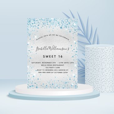 sweet 16 silver blue glitter luxury invitation