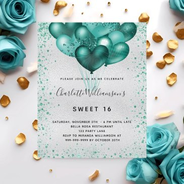 sweet 16 silver teal glitter budget invitation flyer
