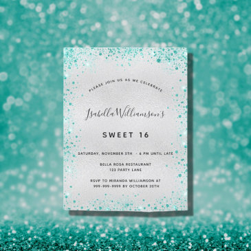 sweet 16 silver teal glitter glamorous invitation postinvitations