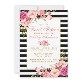 Small Sweet 16 Striped Floral Pink Gold Invitation Front View