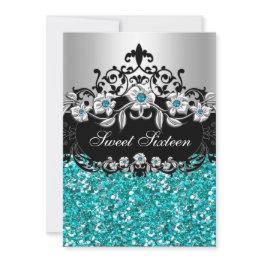 Small Sweet 16 Teal Floral Glitter Party Invitation Front View