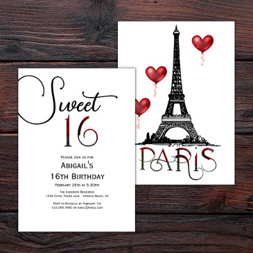 sweet 16 trendy paris, eiffel tower, red balloons invitation