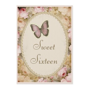 sweet 16 vintage roses butterfly & music notes invitation