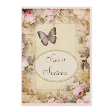 sweet 16 vintage roses butterfly & music notes invitation