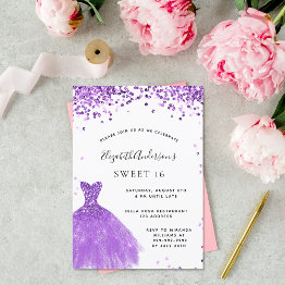 Small Sweet 16 Violet White Dress Glitter Luxury Invitation Front View
