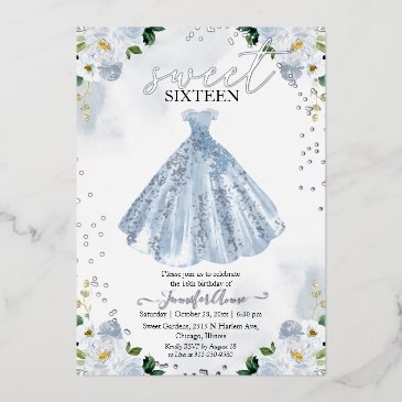 sweet 16 watercolor flowers dress baby blue silver foil invitation